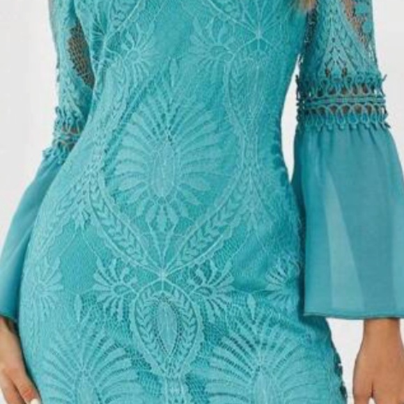 Luxe Turquoise Blue  Eyelash Lace Bell Sleeve Party Evening dress - Picture 6 of 8